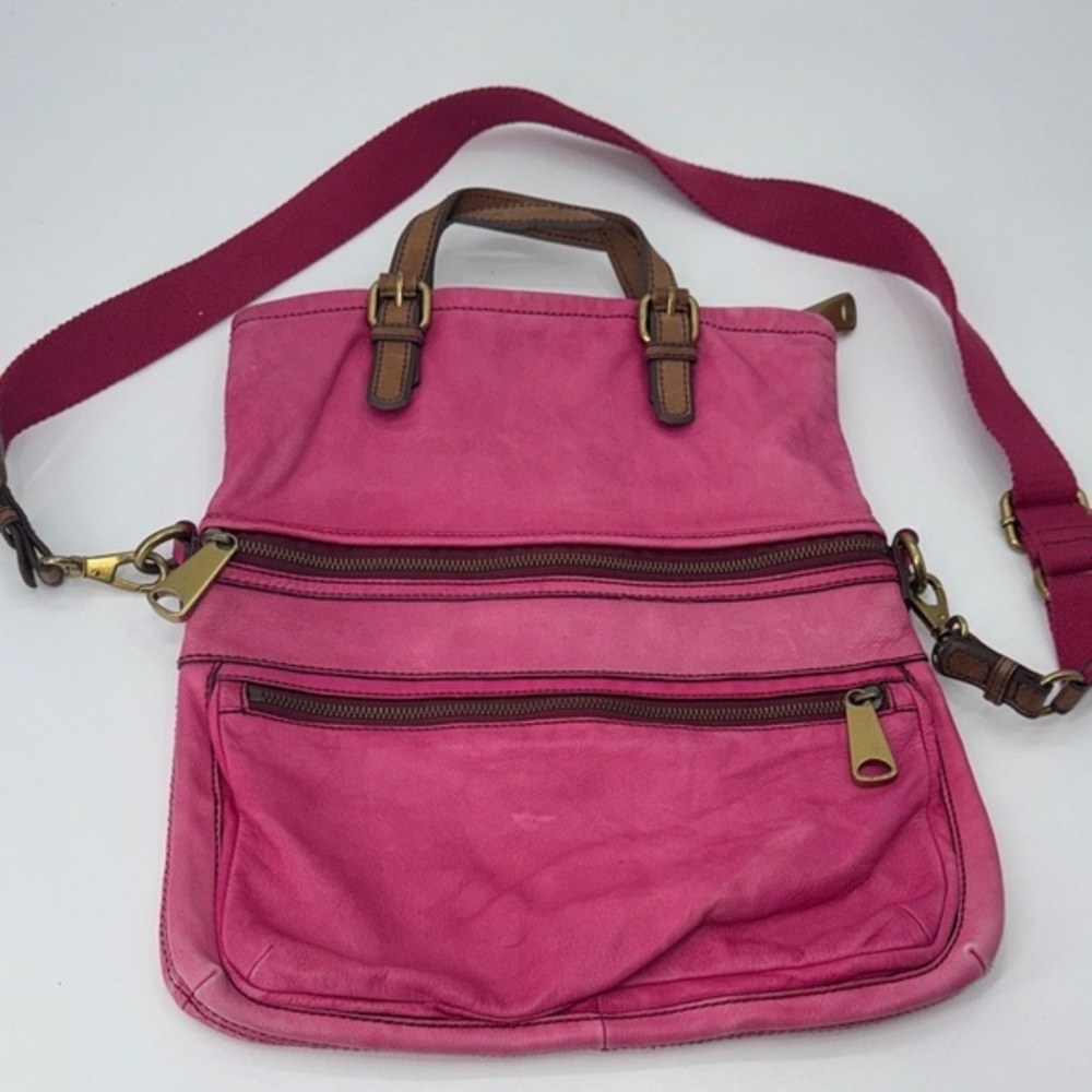Vintage hot Pink & brown Fossil Explorer leather crossbody fold over tote